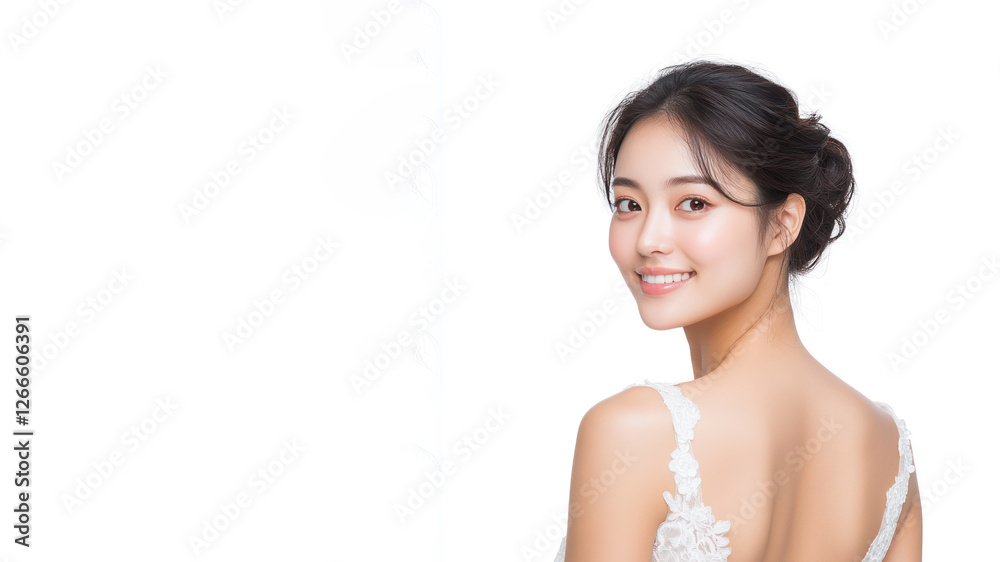 Chinese woman wearing a white dress with a rose pattern smiling isolated Chinese woman wearing a white dress with a rose pattern smiling isolated