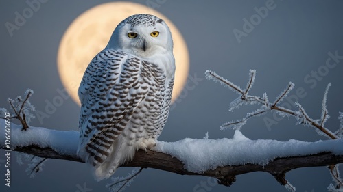 A snowy owl perched on a branch with a full moon in the background, creating a serene atmosphere.