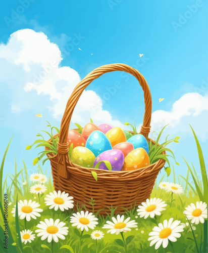 Easter basket with colorful eggs on daisy filled meadow