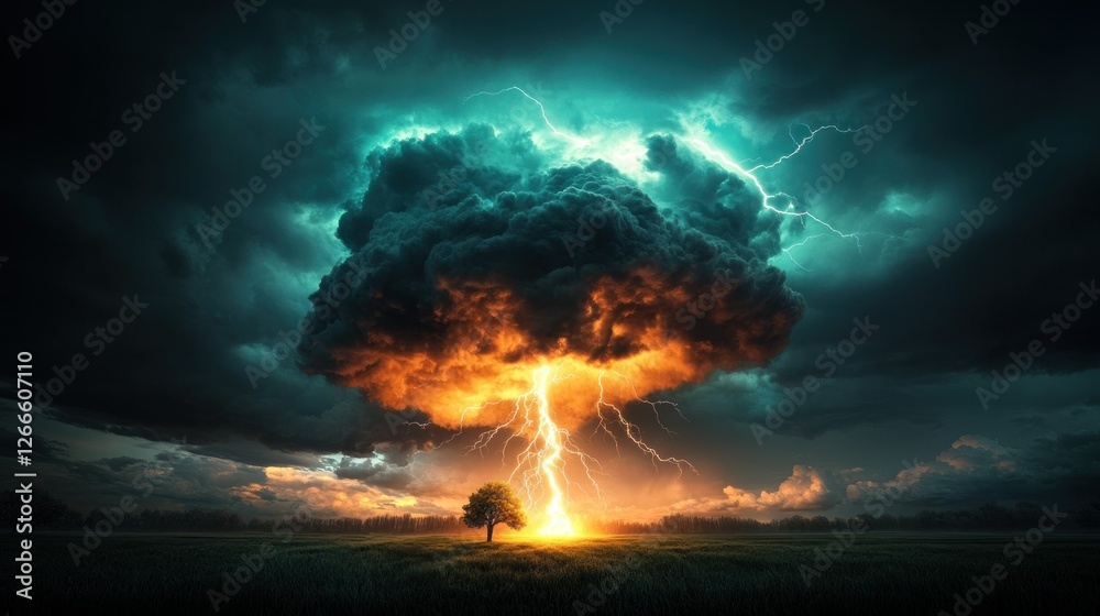 Obraz premium Stormy Sky, Tree, Field, Powerful Lightning