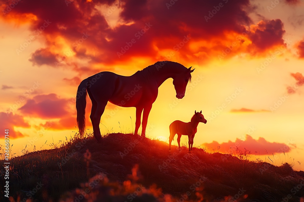 A vibrant sunset image of a mare and her foal standing on a hill, silhouetted against a sky painted with warm oranges and pinks. A vibrant sunset image of a mare and her foal standing on a hill, silhouetted against a sky painted with warm oranges and pinks.