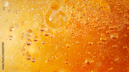 Macro View of Effervescent Orange Liquid with Ascending Bubbles