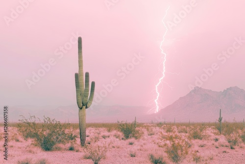 A lone saguaro cactus stands tall against a pink desert sky, illuminated by a dramatic lightning strike. photo