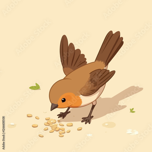 Cartoon Robin Eating Seeds on Tan Background
