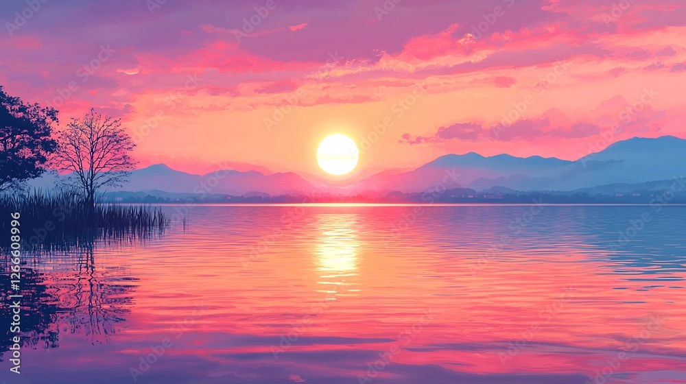 Naklejka premium Sunset over a calm lake with mountains reflecting in the water during twilight hours