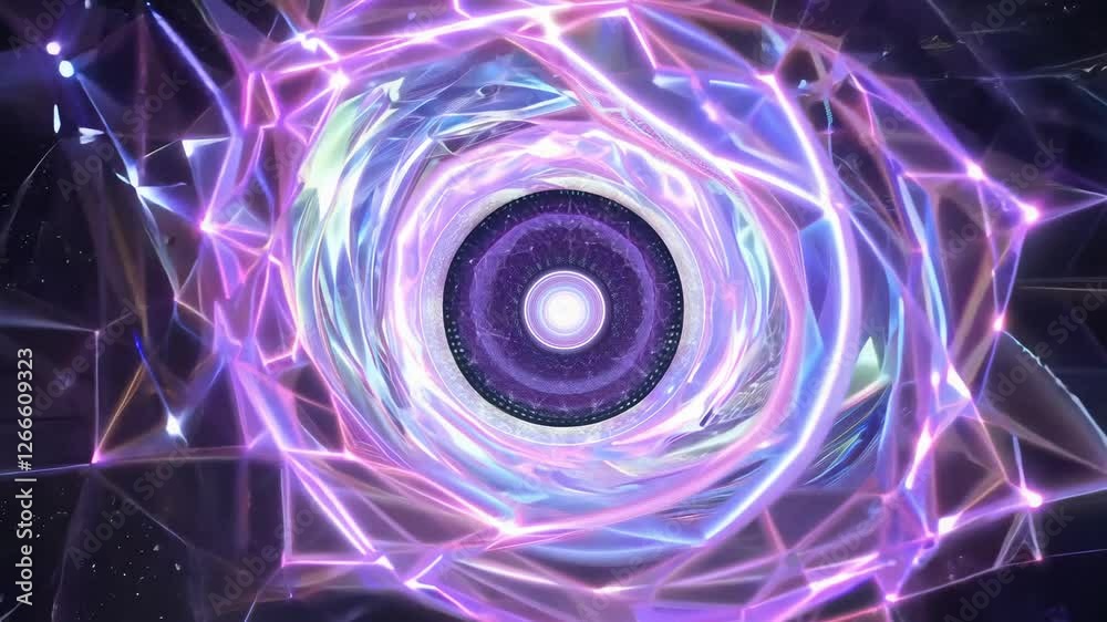 360-degree rotation video, a luminous iridescent spiral portal emerging amidst a cosmic nebula backdrop, emitting transient fractal patterns, the fractals appear holographic