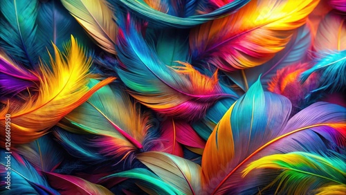 Psychedelic bird feathers surge in neon waves, a surreal, rhythmic dance.
