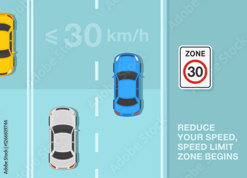 Safe driving tips and traffic regulation rules. "Speed limit zone" sign area. Top view of a traffic flow on roadway. Flat vector illustration template.