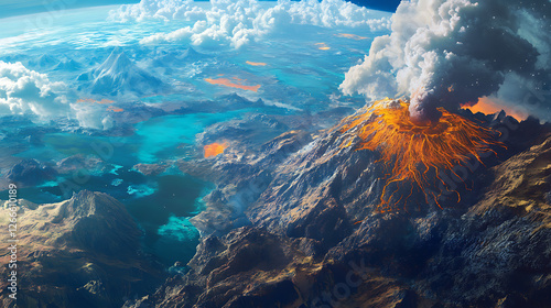 A vibrant depiction of early Earth with volcanic activity, oceans, and a primordial atmosphere 