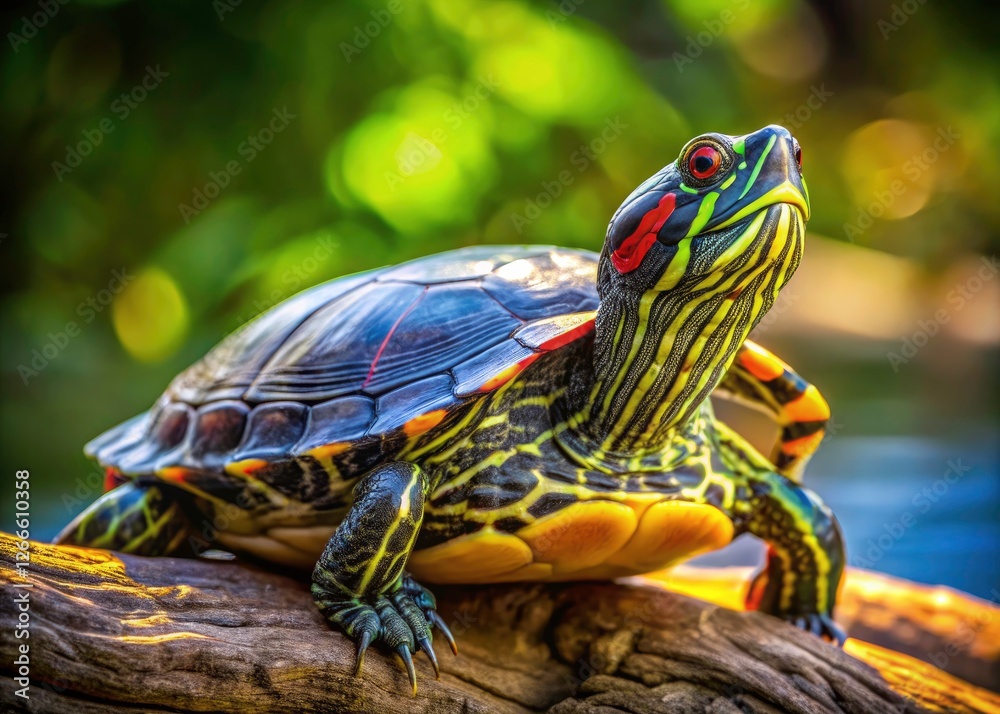 Red-eared slider basks, showcasing vibrant hues on sun-warmed log, a reptile portrait in natural thermopregulation. Red-eared slider basks, showcasing vibrant hues on sun-warmed log, a reptile portrait in natural thermopregulation.