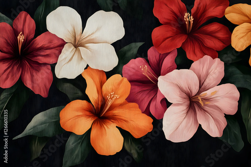 Colorful hibiscus flowers on dark background.  Possible use wallpaper, phone background photo