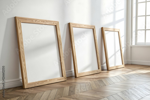 Three Wooden Framed Artworks Leaning Against a White Wall With Parquet Flooring