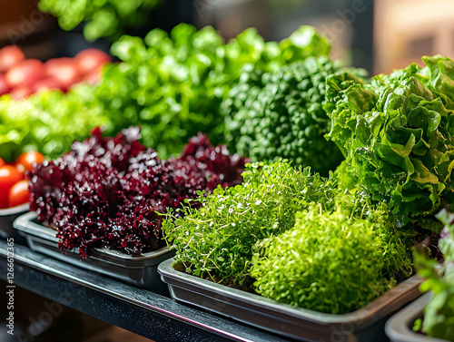 Fresh salad greens in trays, market display, healthy food photo