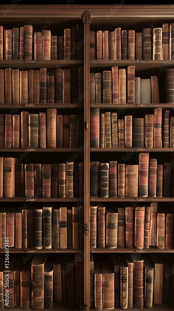 A full-frame view of a bookshelf with neatly lined old books A full-frame view of a bookshelf with neatly lined old books