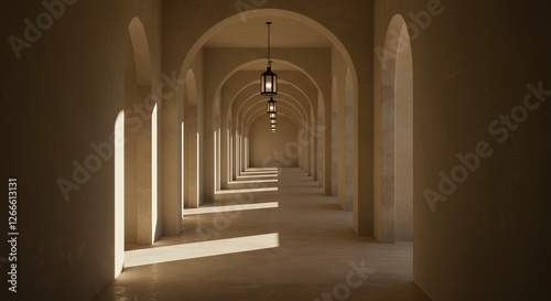 Arched Corridor with Light Streaks and Hanging Lanterns Creates Unique Perspective