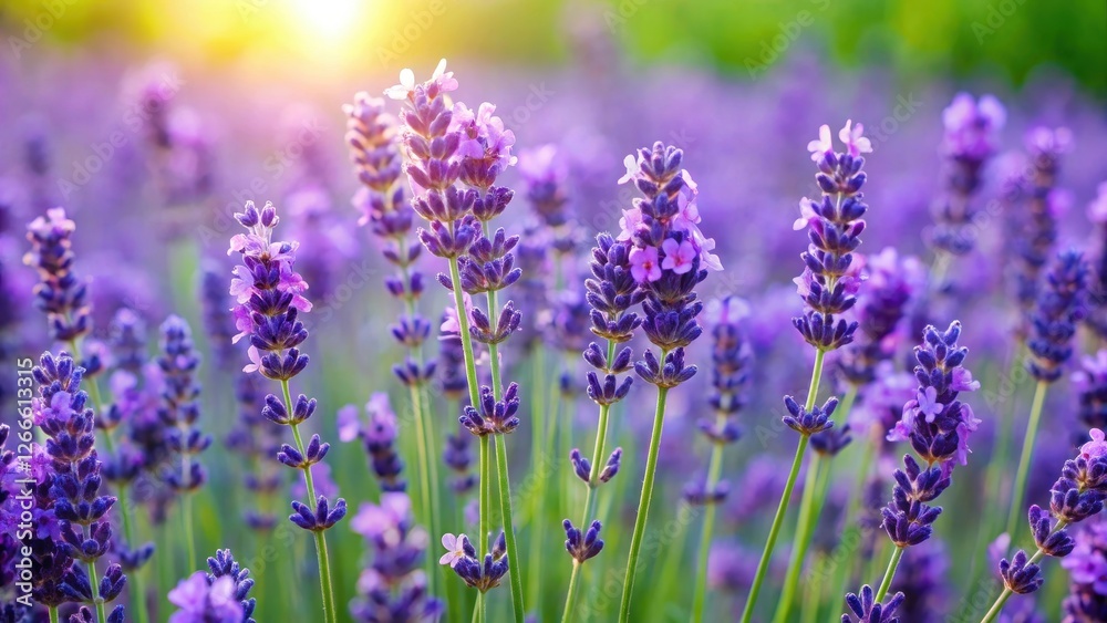 Naklejka premium Delicate purple lavender flowers with lush green leaves and a subtle border of foliage