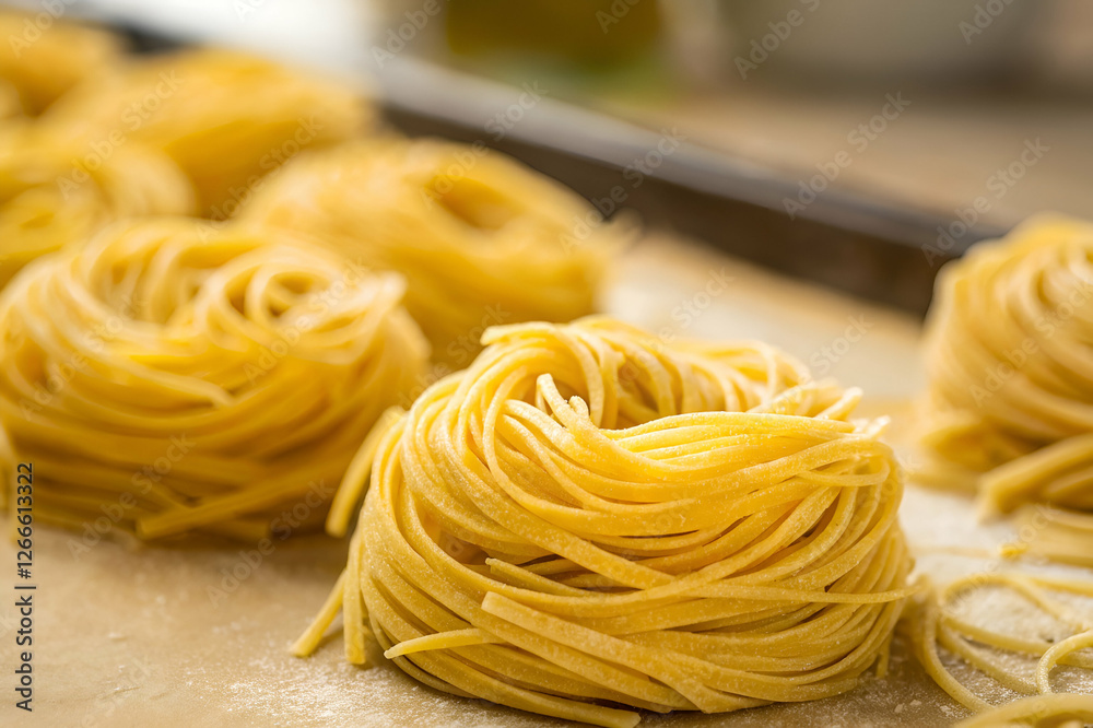 Close Up Of Golden Pasta Nests On A Flour Dusted Surface Simple Studio Lighting Close Up Of Golden Pasta Nests On A Flour Dusted Surface Simple Studio Lighting