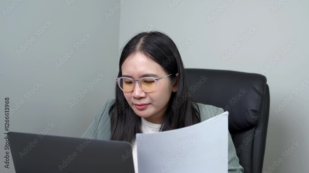 Woman typing work on laptop and checking work on paper as well Woman typing work on laptop and checking work on paper as well