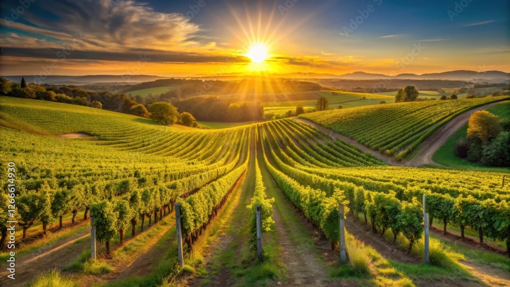 custom made wallpaper toronto digitalGolden Hour Vineyard Rows Basking in Sunset's Embrace, a Serene Landscape of Cultivated Vines Under a Radiant Sun
