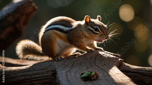 A chipmunk perched on a log, captured in soft natural light.