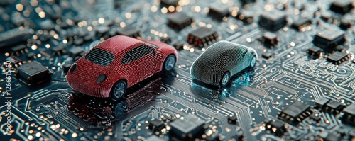 Classic red car integrated with futuristic digital circuit overlay design depiction