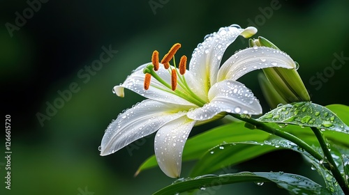 Dewy white lily flower in garden setting, vibrant backdrop