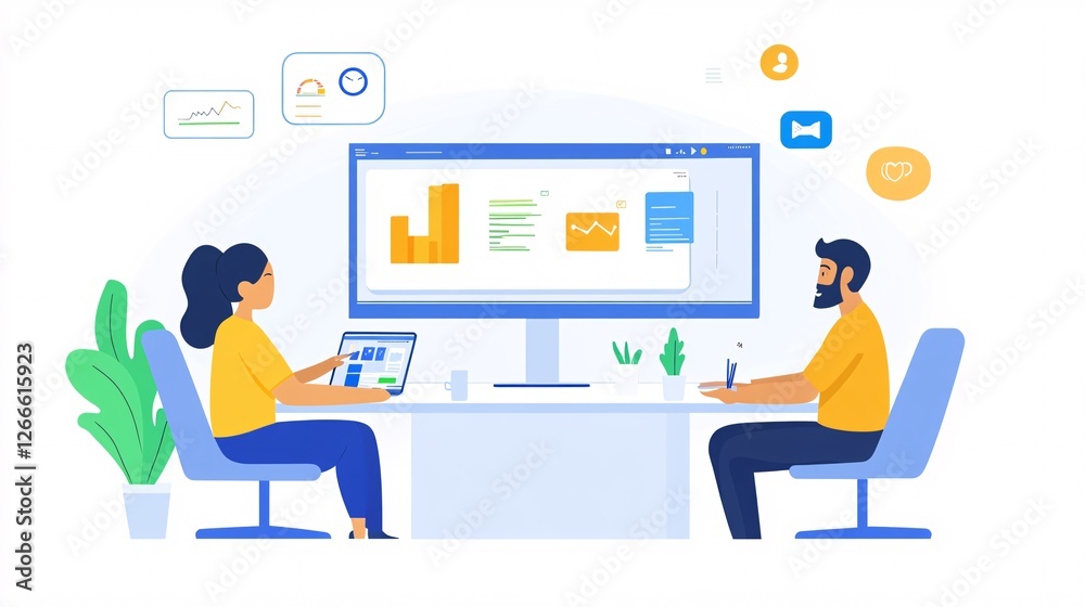 Two Professionals Analyzing Data and Charts in Modern Office Space Two Professionals Analyzing Data and Charts in Modern Office Space