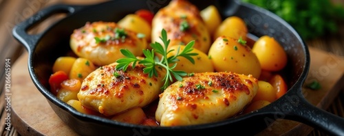 savory chicken and potato in cast iron skillet, castironcooking, skilletmeal, foodie photo