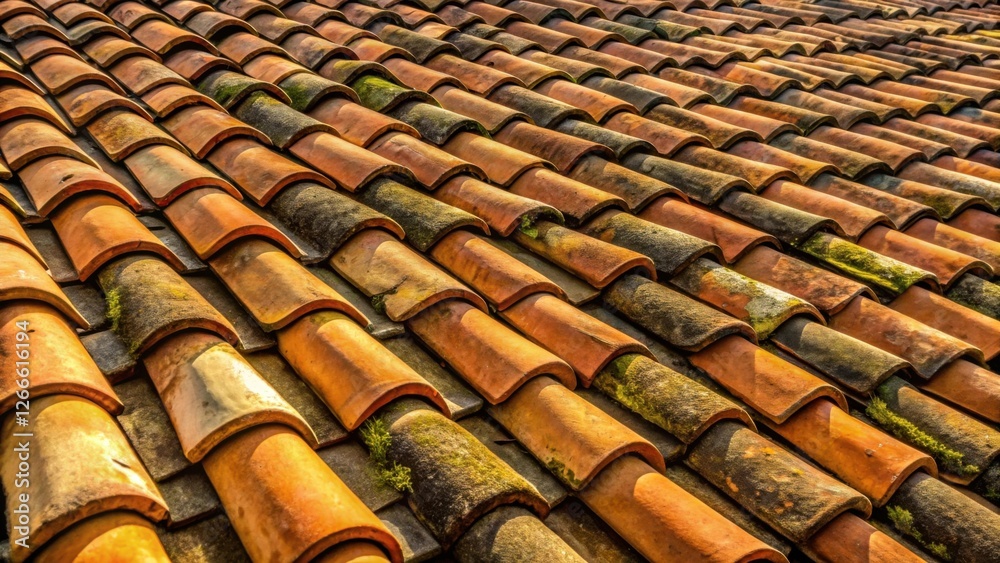 Awe-inspiring array of aged terracotta roof tiles, bathed in warm sunlight, showcasing the beauty of weathered building materials Awe-inspiring array of aged terracotta roof tiles, bathed in warm sunlight, showcasing the beauty of weathered building materials