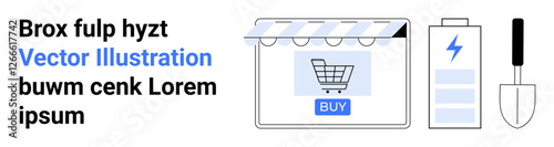 E-commerce store with shopping cart, battery symbolizing energy, and gardening trowel. Ideal for sustainability, technology, e-commerce, gardening, modern living, innovation flat landing page banner