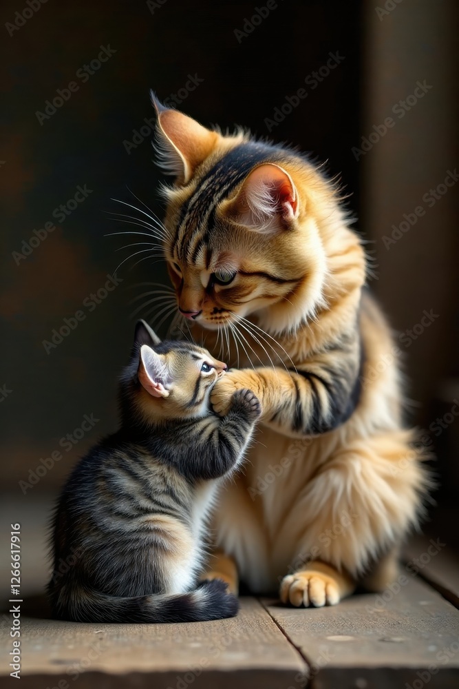 Naklejka premium Fluffy adult cat gently grooming tiny kitten on rustic wood , adorable, wood