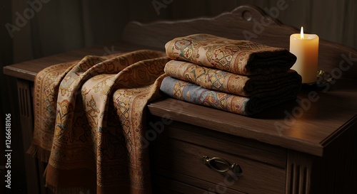 Elegant Pashmina Shawls Stacked on Wooden Dresser with Candlelight Ambiance