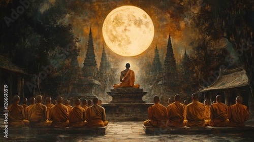 Serene Monks Meditating Under a Full Moon in a Tranquil Setting