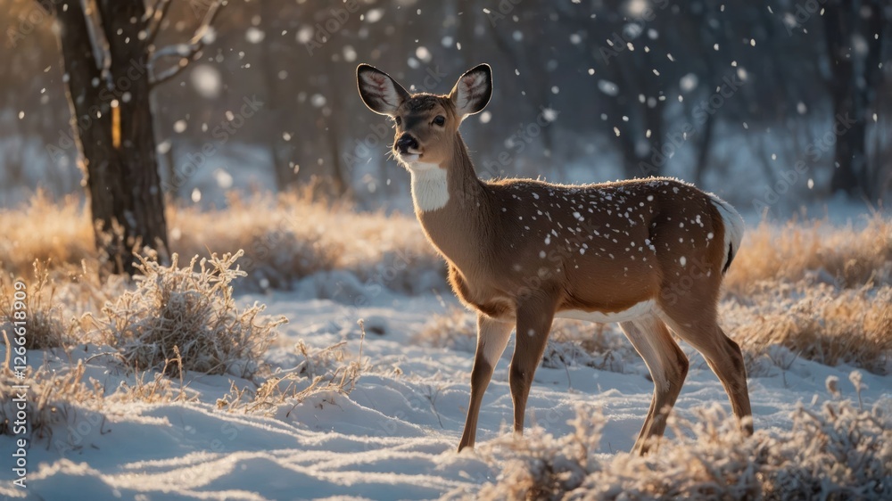 A deer stands in a snowy landscape, surrounded by falling snowflakes and soft sunlight. A deer stands in a snowy landscape, surrounded by falling snowflakes and soft sunlight.