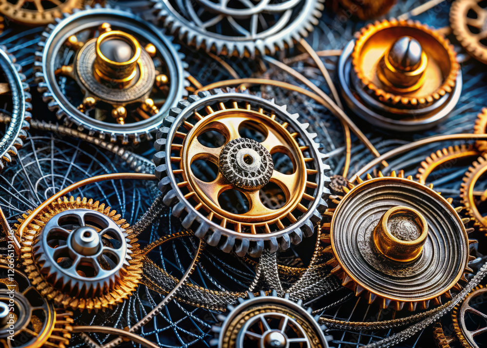 Intricate metallic gears and cogs create mesmerizing steampunk design Intricate metallic gears and cogs create mesmerizing steampunk design