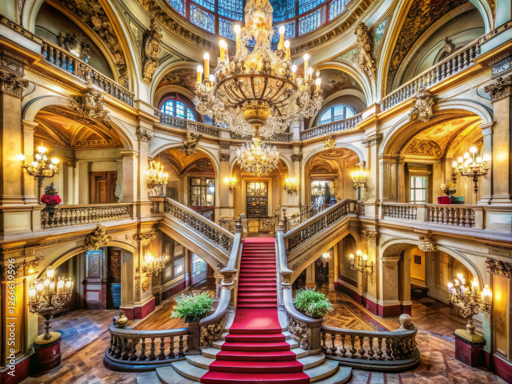 Grandiose staircases unfold beneath gleaming chandeliers in ornate hall