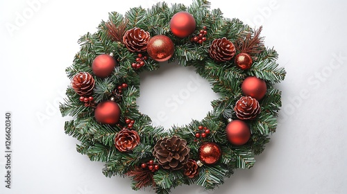 Festive Christmas wreath, red ornaments, pine cones, white background, holiday decor photo