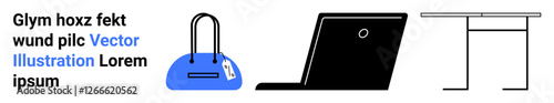 Handbag with tag, open laptop, and minimalistic table. Ideal for work-from-home setups, office d cor, productivity tools, remote work, business travel minimalist design efficiency. Landing page