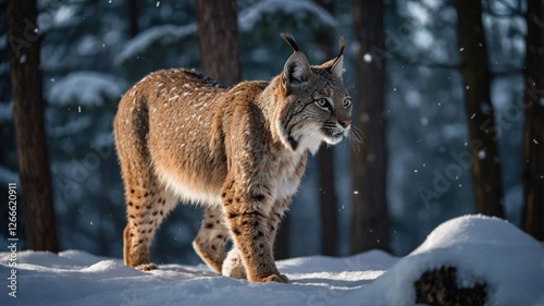 A lynx walking through a snowy forest, showcasing its fur and natural habitat.