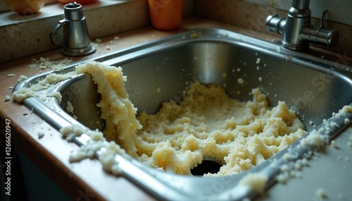 Greasy sink with thick white fungal growths resembling virus tendrils, bacterial growth, sink, kitchen photo