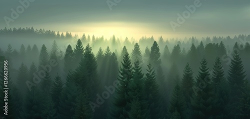 Misty forest at sunrise with tall coniferous trees and soft lighting.