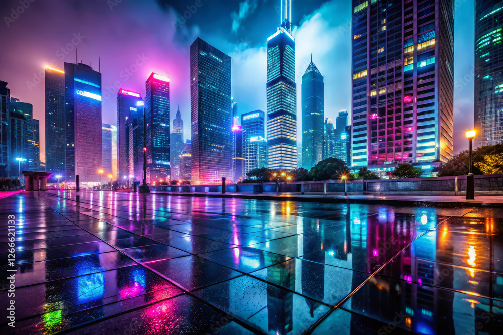 Vibrant neon lights reflect off wet pavement in cityscape at night