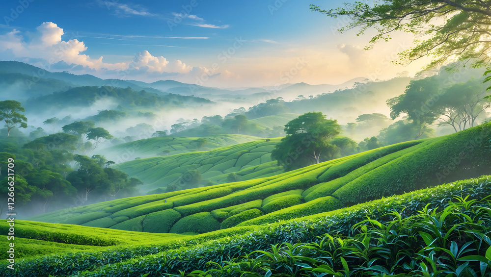 Obraz premium Vibrant Tea Plantation Landscape with Rolling Emerald Hills, Misty Atmosphere, and Soft Sunlight