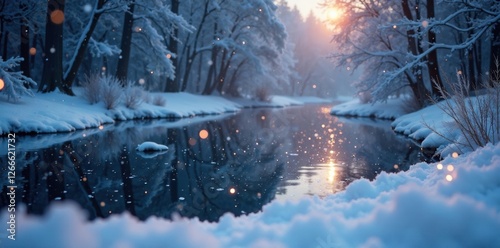 Softly falling snow covering a frozen pond with twinkling lights, magical ambiance, twinklinglights photo