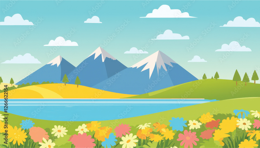 Fototapeta premium Breathtaking blooming flower field on a serene hill overlooking a majestic mountain and tranquil blue lake nature landscape photography vibrant scenery for outdoor enthusiasts