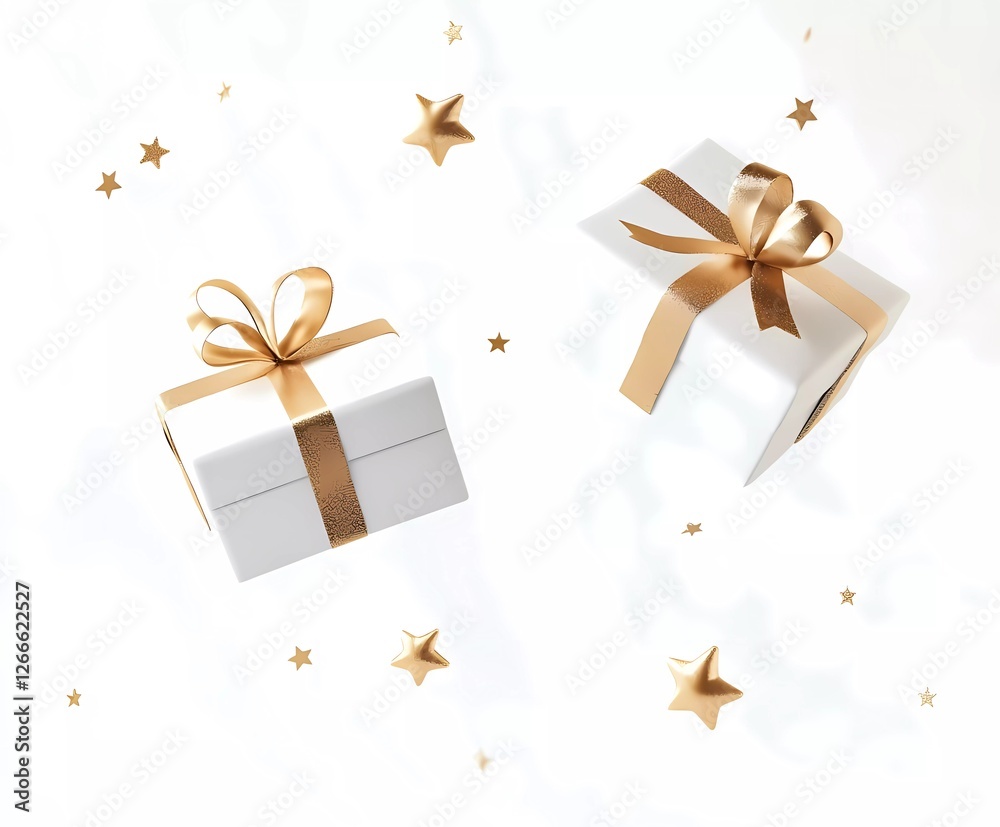 3D rendering of two white gift boxes with golden ribbon floating in the air, isolated on a clear background. The color scheme is white and gold 3D rendering of two white gift boxes with golden ribbon floating in the air, isolated on a clear background. The color scheme is white and gold