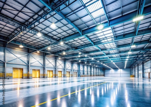 Spacious, clean warehouse; ideal retail storage, logistics, or blank canvas for design.