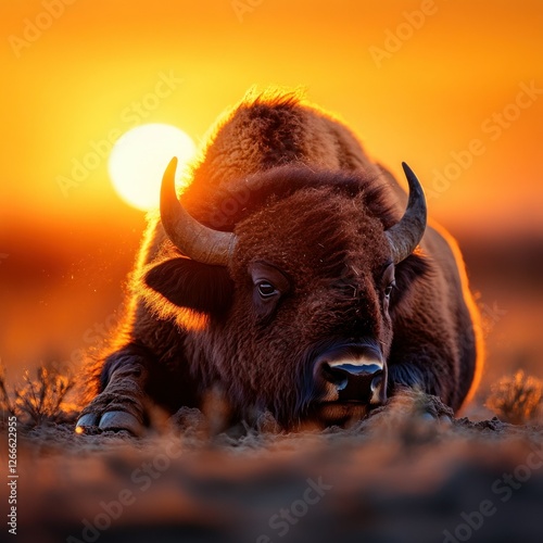 Majestic Bison resting at sunset photo