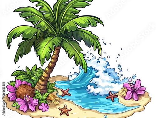 Wallpaper Mural Tropical beach with palm tree and waves on a sunny day Torontodigital.ca