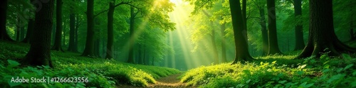 dense green forest with scattered sunlight filter, nature, forest, clearcut photo